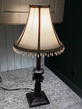 Vintage Resin Buffet Style Table Lamp With Cream Beaded Bell Shade.